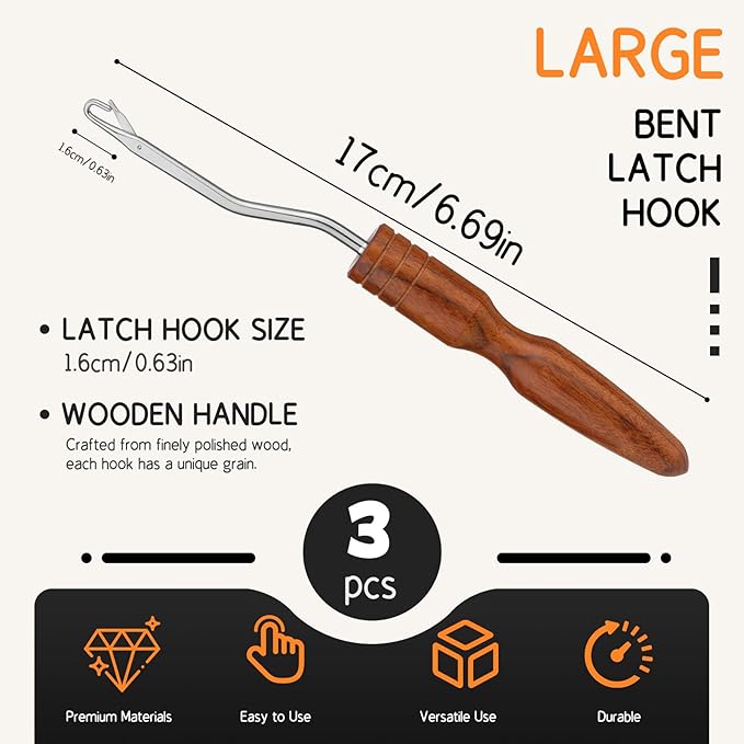 Giwrmu 3 Pcs Latch Hook Tools, Wooden Bent Latch Hooks Kits for Adults, Large Latch Hook Crochet Needle for Hair Extension, Micro Braids and Carpet Craft