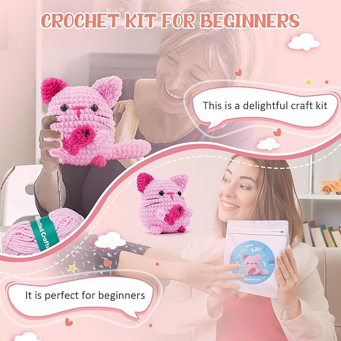 Vanttokeey Crochet Kit for Beginners, Animal Amigurumi Crochet Kits Included, Step-by-Step Video Tutorials, Beginner Crochet Kit for Adults and Kids, Crocheting Starter Set (Cat)