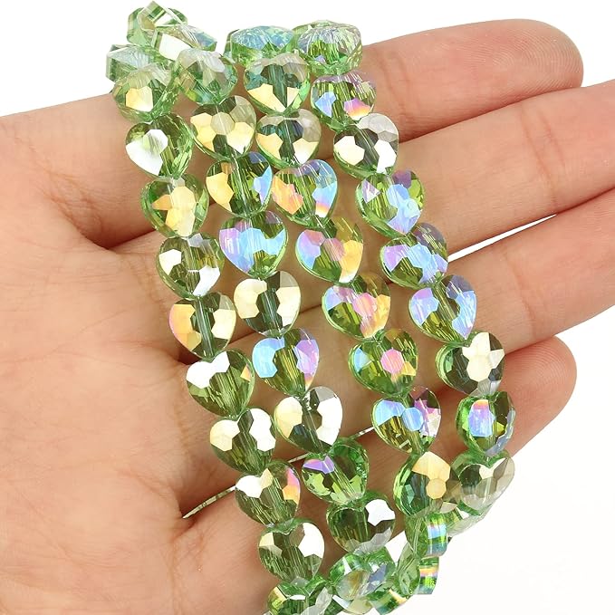 70pcs 8mm AB Light Green Faceted Heart Beads for Jewelry Making Crystal Glass Beads for Bracelets Necklace Crafts, Friendship Bracelet Kit, Love Gifts