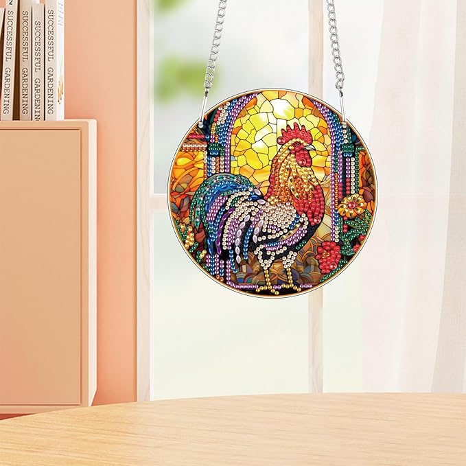 AiYuanzsh DIY 5D Diamond Art Hanging Pendant, Rooster Acrylic Rhinestone Ornament for Wall Door Window Decor, Diamond Painting Animal Craft Gift for Home or Christmas Decoration