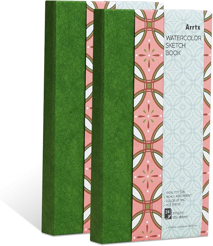 2 Pack Arrtx Watercolor Journal, 7.28x4.13'', 140 LB, 300 GSM, 100% Cotton Paper, Hot Press, 48 Sheets, Hardcover Watercolor Sketchbook for Use As Travel Notebook for Artists Adults Students