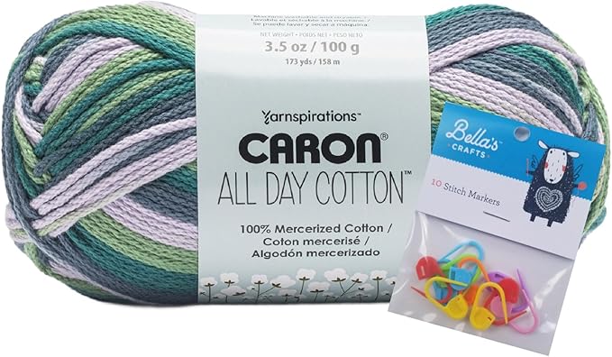 Caron All Day Cotton Yarn - 100g/3.5oz - 100% Mercerized Cotton - 173 Yards Bundle with Bella's Crafts Stitch Markers (Starling)
