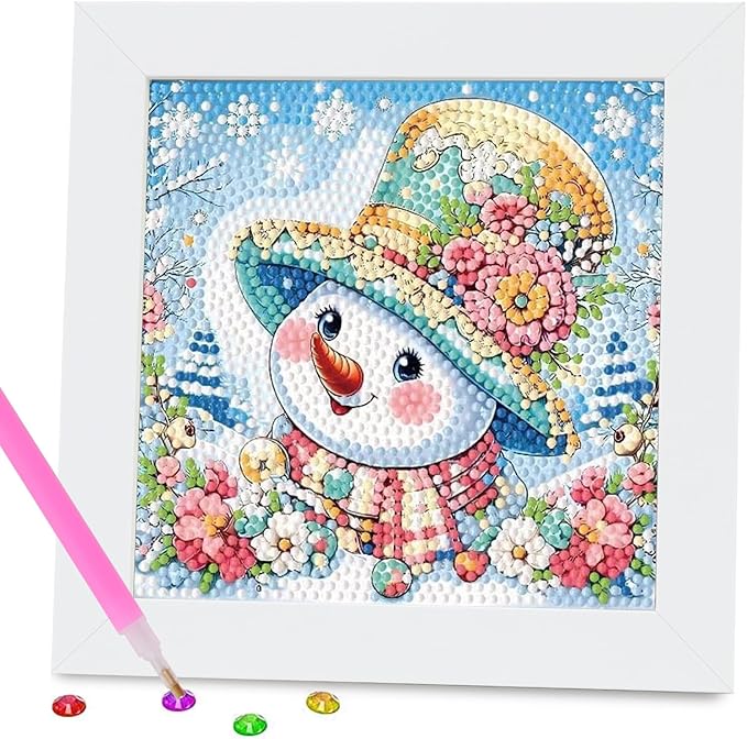 PERFECTSIGHT Cute 5D Diamond Art Kits with Wooden Frame, Kawaii DIY Painting Art for Adults Teen, Diamond Arts and Crafts Sets, Big Gem Full Drill Diamond Dots for Women Beginners (Snowman)