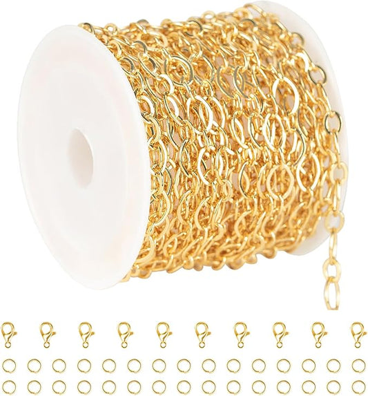 KYUNHOO 5 Meters Oval Circle Jewelry Chain Links Gold Chain Spool Women Men Bracelet Necklace Making Supplies with Lobster Clasps Jump Rings for Craft DIY Jewelry Findings