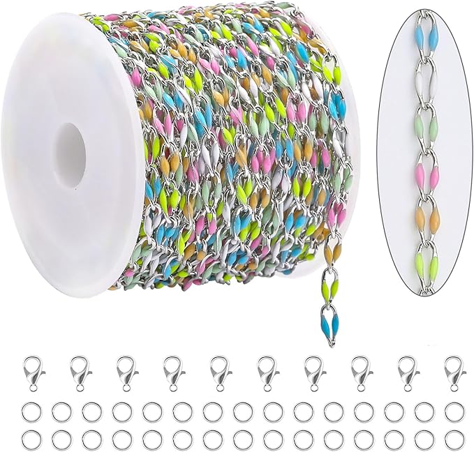 KYUNHOO 13 Feet Rainbow Links Silver Jewelry on Roll Colorful Oil Drip Chains for Jewelry Making Mixed Color Enamel Chain Spool for Women DIY Crafting Supplies Findings
