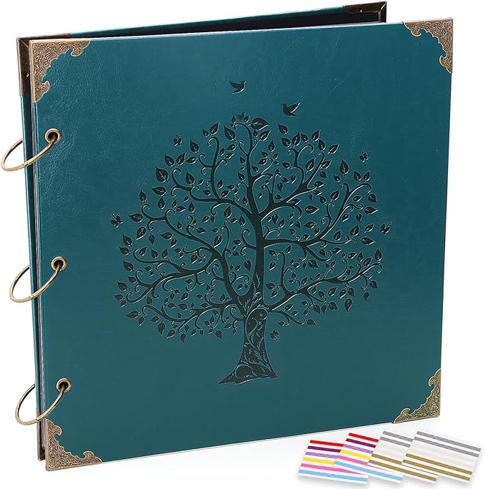 Photo Album DIY Scrapbook, 10x10 inch 50 Pages Vintage Leather Cover Three-Ring Binder Family Picture Booth Albums with 408pcs Self Adhesive Photos Corners for Memory Keep, Tree (Jasper Green)