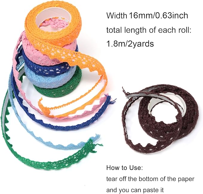 Honbay 6 Rolls of Lace Tapes Fabric Trim Decorative Tapes Lace Pattern Self-Adhesive Tapes Washi Tape Masking Tape for Scrapbook Drawers Cups Books Hats Bags Crafts - 6 Colors, 16mm x 2yards (A)