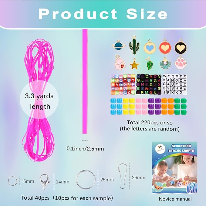PP OPOUNT Christmas DIY Lanyard String Kit, 20 Rolls Boondoggle String with Instruction for Beginners & 220 Beads, Festive Craft Kit for Making Bracelets Key Chains Holiday Decorations