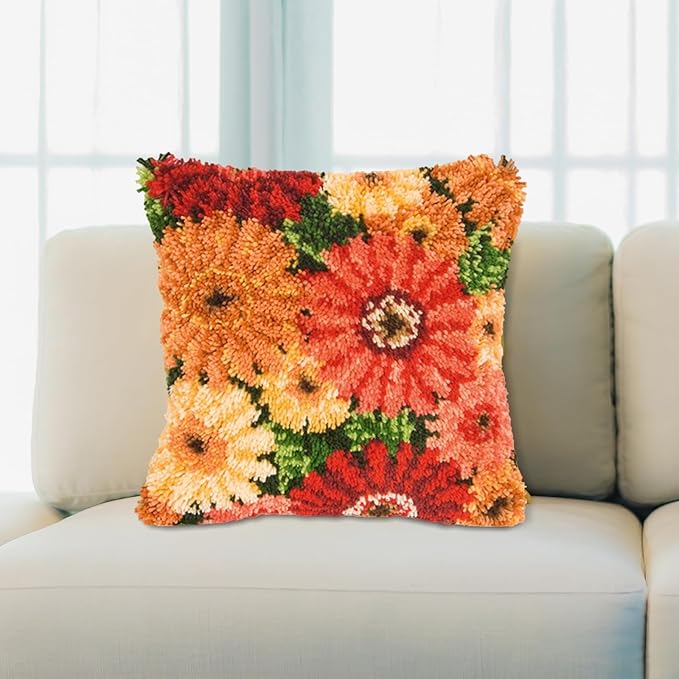 LAPATAIN Latch Hook Kits for DIY Throw Pillow Cover,Colorful Flowers Pattern Needlework Cushion Cover Hand Craft Crochet for Great Family 17x17inch