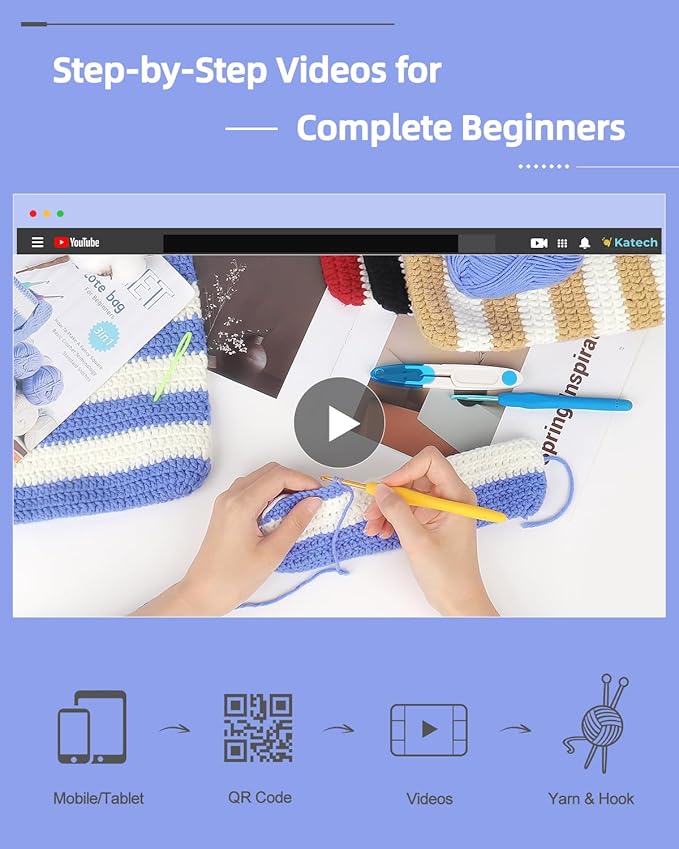 Katech Crochet Kit for Beginners, Striped Tote Bag Crochets Set Includes Yarn Crochet Hooks, Complete Crochets Step-by-Step Guide Needles Accessories Adults Crocheted Starter Kit Crocheter Gift