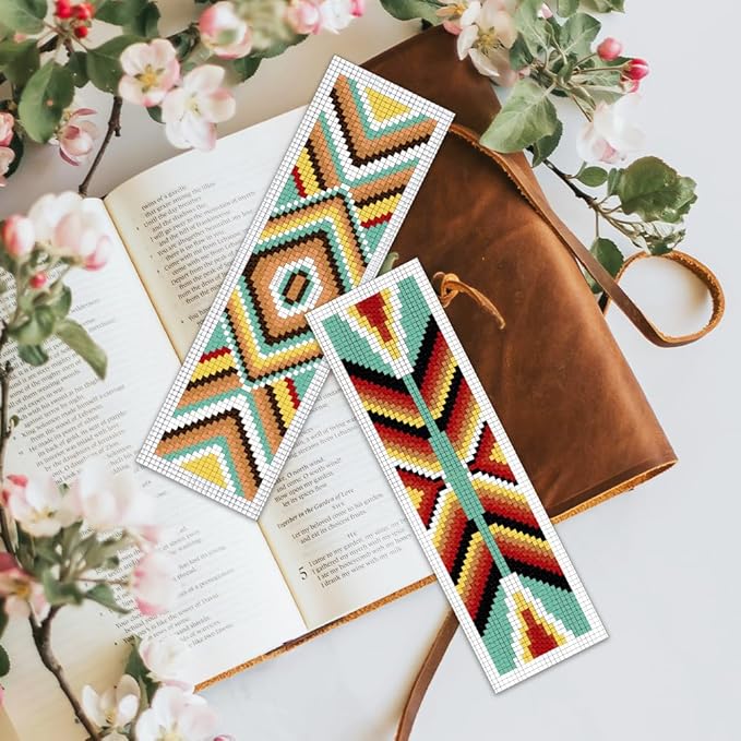 BEUNITONE Cross Stitch Bookmarks Kit 6 Pcs Geometric Pattern DIY Bookmarks Cross Stitch Kits for Beginners Boho Floral Fabric Bookmark Kit Traditional Decorative Counted Knitting Kit 8''x2.4''