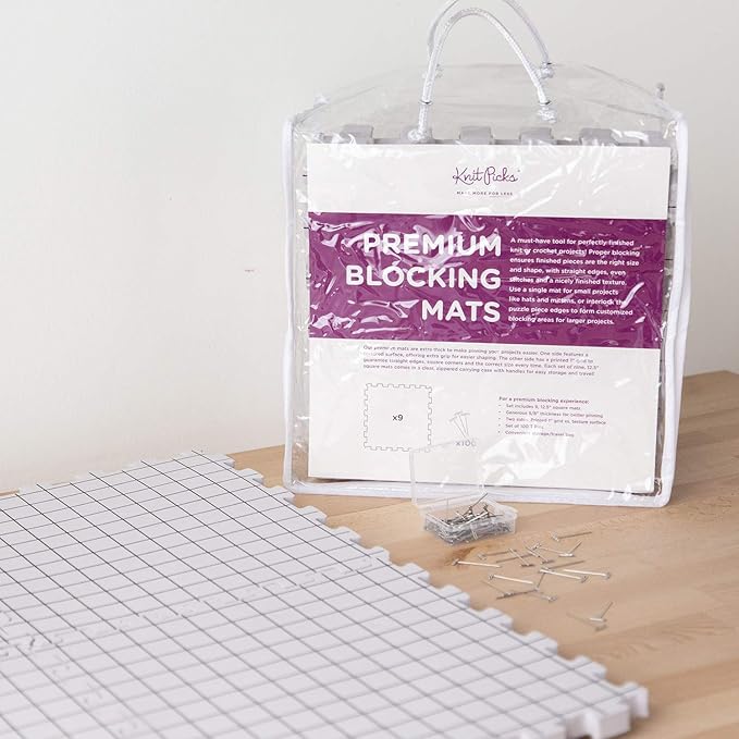 Knit Picks Premium Blocking Mats for Knitting and Crochet, Pack of 9 Extra Thick Blocking Boards with Grids, Includes 100 T-Pins and Storage Bag