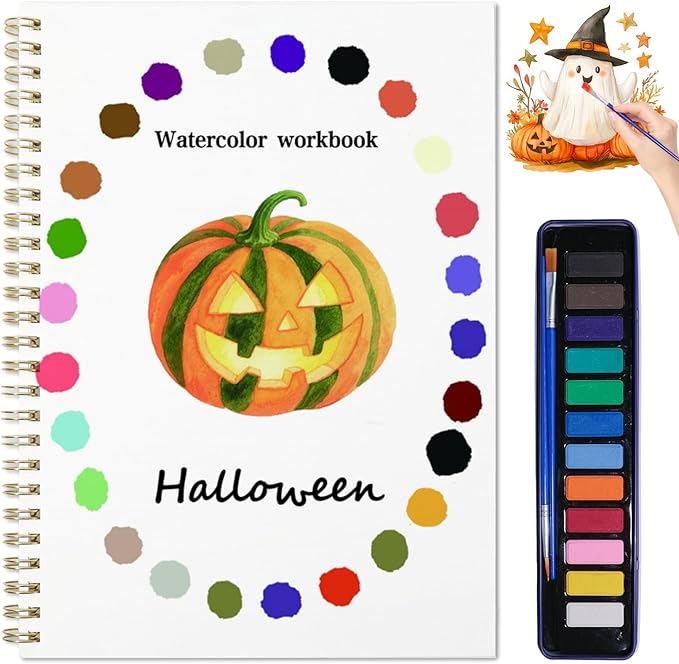 Beginner Watercolor Painting Kit Watercolor Workbook Coloring Book 12 Colors Paint Set with Brush,Easy Nature Scenes Beginner Friendly Watercolor Paint Set Gift for Adults Teens. (Halloween)