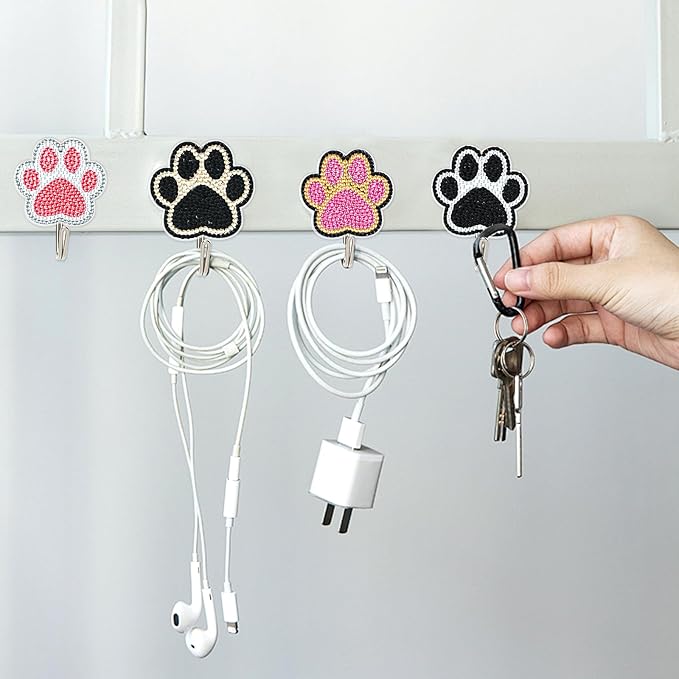 antor 8 Pack Pet Paw Diamond Painting Hooks – DIY Rhinestone Art Wall Hangers, Cute Animal Paw Design Adhesive Hooks for Keys, Towels, Bags, Home Entryway Kitchen Bathroom Decor