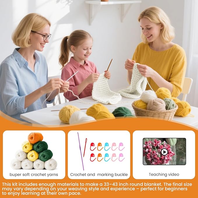 THMINS Beginner Crochet Kit – DIY Floral Blanket with Hook, Pattern & Step-by-Step Video Tutorial, Easy Craft Gift for Women, Christmas/Birthday