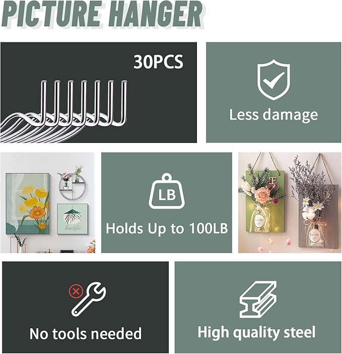 Super Hooks Picture Hanger,Gorilla Hooks - Hang Art, Clock, Shelves, Mirrors, Frames, or Planters for Home and Office Decorations-30pcs