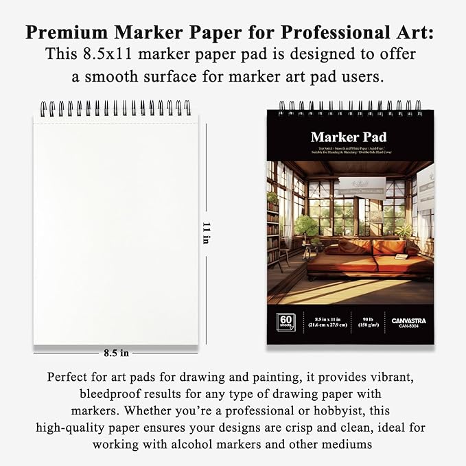 marker paper sketchbook 8.5x11, 60 sheets marker pad for alcohol markers, 90lb/150gsm paper for markers with no bleeding, ideal art pads for manga, doodling, journaling, sketching & adult coloring.