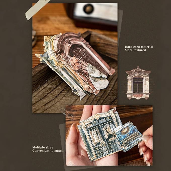 80 PCS Vintage Textured Hard Card Hollowed Door and Window Scrapbook Stickers, Aesthetic Decorative Frame Stickers for DIY Diary Junk Journal Handbook Journaling Scrapbooking Supplies Kit Pop-up