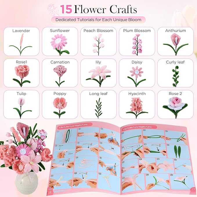 540Pcs Pipe Cleaners Craft, 6 Colors Pipe Cleaners Bulk with 15 Designs Guiding Book, Flower Making Kit with Chenille Stems, Floral Wires & Tape, DIY Bouquets and Party Decorations, (Pink, 12in x 7mm)