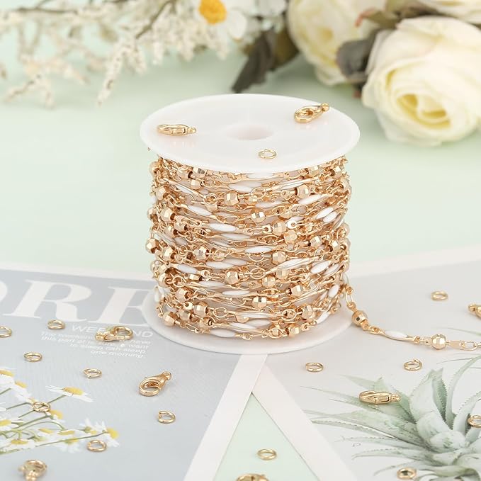 KYUNHOO 4 Meters Satellite Beaded Chain for Jewelry Making White Oil Drip Chain Link Gold Plated Brass Chain Spool for Women Making Jewelry Crafting Finding Supplies
