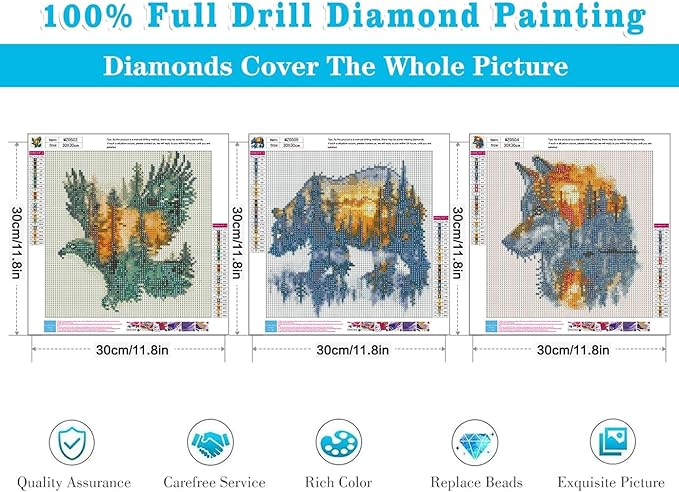 Meothan 3 Pack Diamond Painting Kits for Adults, Wild Animals Diamond Art Kits for Adults Beginners, 5D DIY Paint with Diamonds Gem Art Dots Set for Home Wall Decor 12 x 12 Inch (Bear Wolf and Eagle)