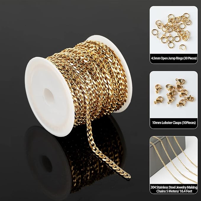 YOUBEIYEE 16.4 Feet Gold Stainless Steel Curb Cuban Chain for Jewelry Making Necklace Choker DIY Findings Chain Spool with Jump Rings Lobster Clasps