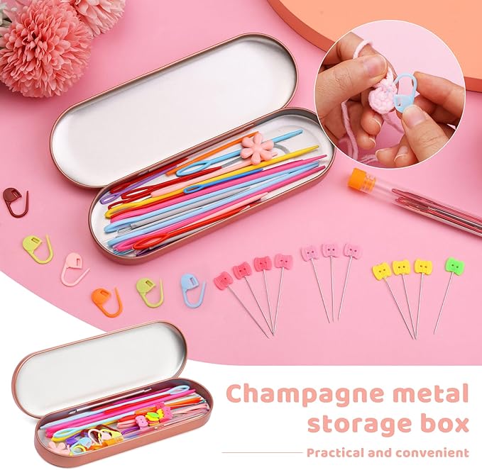 61Pcs Plastic Large Eye Sewing Needles Set, Yarn Needles Bent Tapestry Needles, Sewing Needles, Large Eye Blunt Needles with Colorful Stitch Markers and Straight Pins for Knitting Crochet Sewing