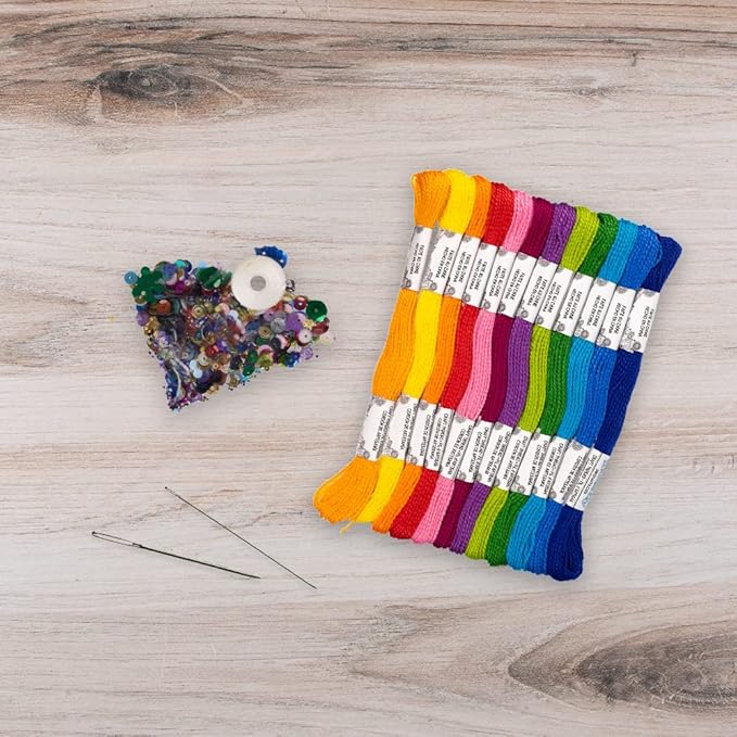 embroidery floss trim set – 12 skeins, 8.7 yards each – assorted sequins & beads, 2 needles, sewing thread & stitch diagrams