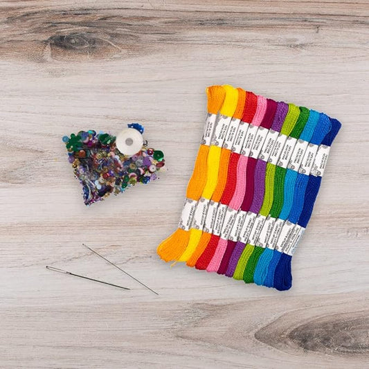 embroidery floss trim set – 12 skeins, 8.7 yards each – assorted sequins & beads, 2 needles, sewing thread & stitch diagrams
