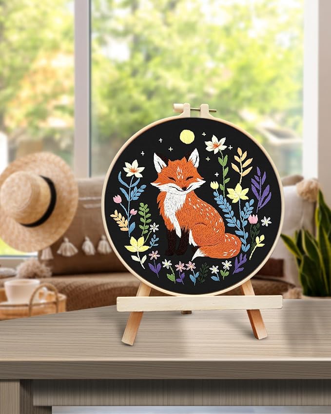 TINDTOP Embroidery Kit for Beginners Adult, Fox Embroidery Kit for Beginners Include Embroidery Cloth Hoops Threads for Craft Lover Hand Stitch with Embroidery Skill Techniques