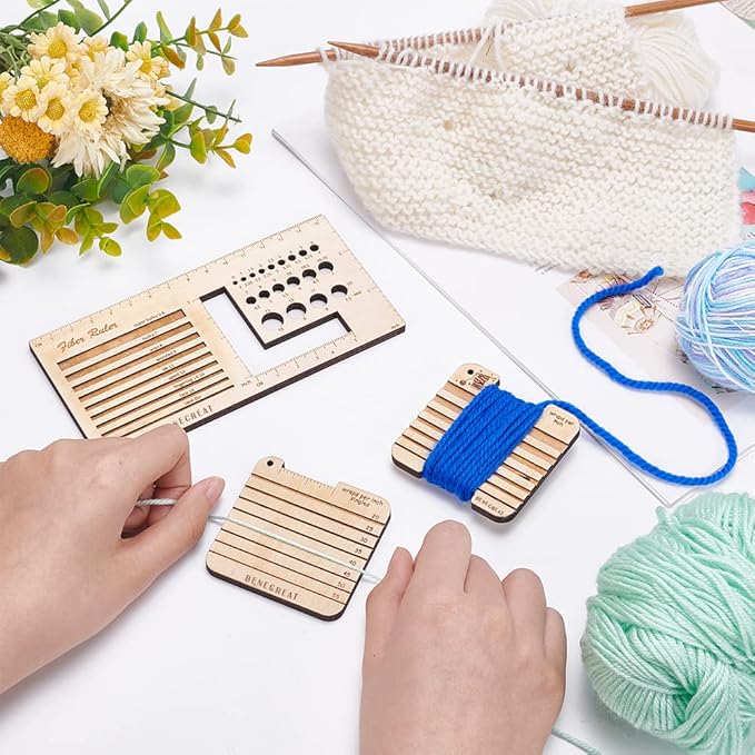 BENECREAT 3Pcs Knitting Needle Gauge Multifunctional Wood Spinning Control Card Knitting Tool for Spinners Yarn WPI Guide Gauge Measuring Tools Crochet Accessories