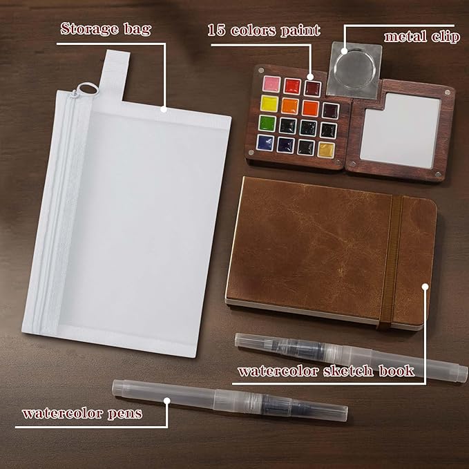 Mini Watercolor Paint Set - 15 Color Travel Watercolor Palette Set - Portable Water Color Paint Set with Watercolor Journal, Binder Clips,Pens,Storage Bag, Wooden Box for Beginners Painters Artists Student