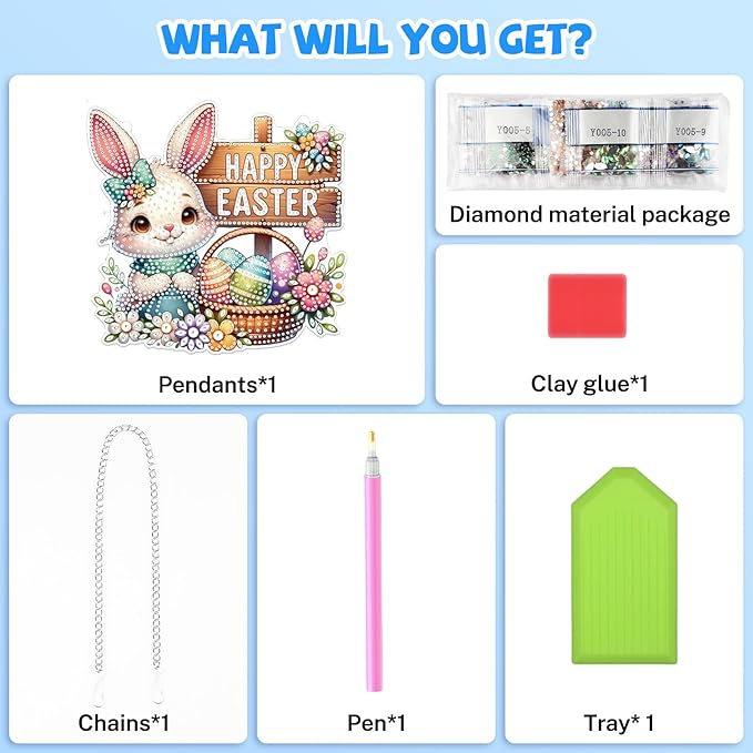 Bowetile Easter Hanging Diamond Art Kits for Adults Kids, 5D Special Shape Diamond Painting Rabbit Kits, Easter Diamond Gem Art Suncatchers Painting Pendant Home Decor, Gifts for Kids