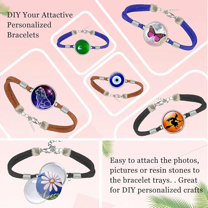 Pendant Trays Set with Cabochon Glass, Mix Pendant Bezel Blank Trays Bracelet Bangles Earrings Blanks for DIY Photo Cameo Jewelry Making Crafts