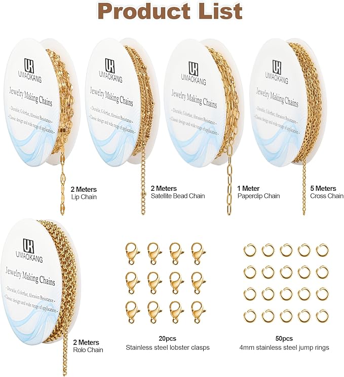 UMAOKANG 5 Rolls 39.4 Feet Gold Plated Stainless Steel Chains for Jewelry Making Dainty Jewelry Making Chains Bulk with Jewelry Findings