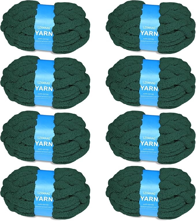 Chunky Yarn for Hand Knitting and Blankets – Super Soft Jumbo Chenille Yarn Pack for Crocheting, Bulky DIY Projects, 8 Skeins(Dark Green)