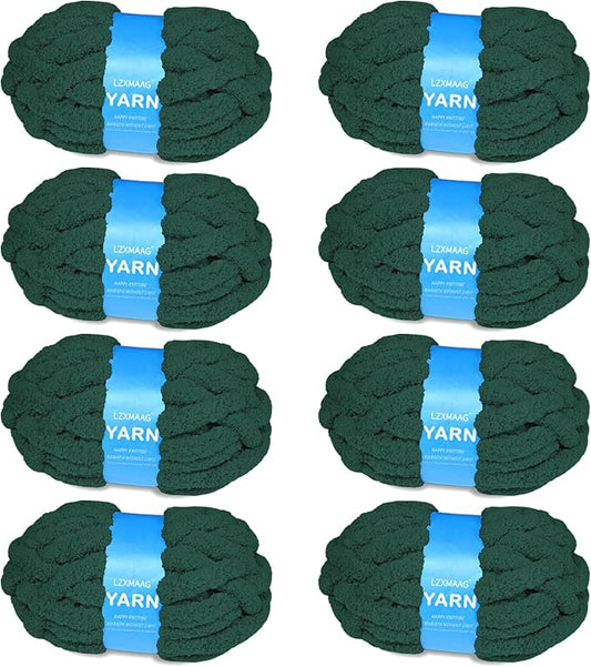 Chunky Yarn for Hand Knitting and Blankets – Super Soft Jumbo Chenille Yarn Pack for Crocheting, Bulky DIY Projects, 8 Skeins(Dark Green)