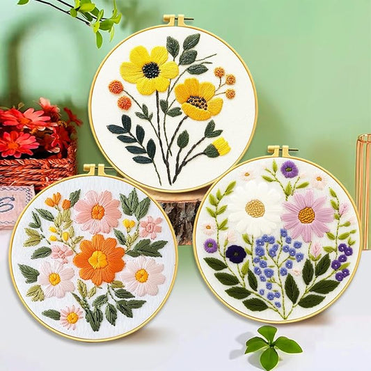 Zhenqing 3-Pack Floral Embroidery Kit for Beginners with Printed Patterns - Complete Embroidery Set with Hoop, Threads, Cotton Fabric & Tools for Home Decor (C0153)