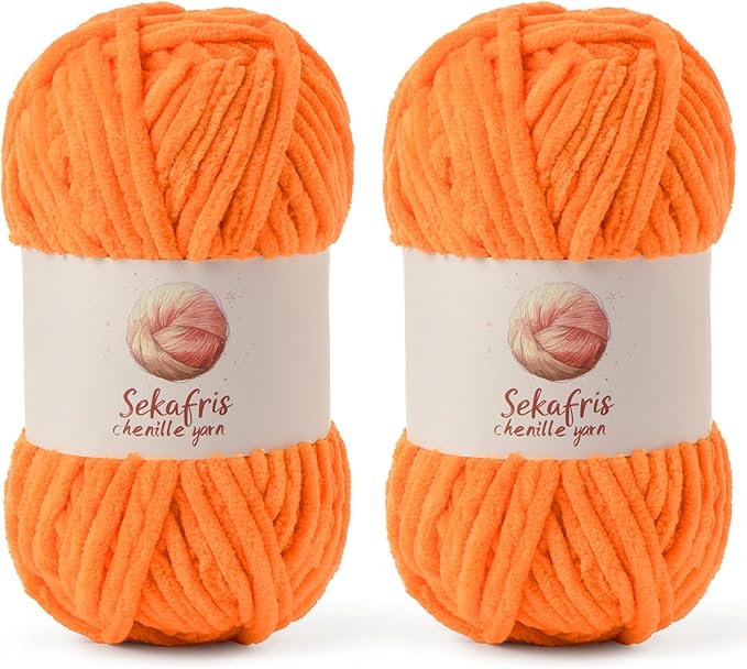 2 Pack Chunky Chenille Yarn for Crocheting, Baby Yarn for Crocheting Soft Blanket, 174.9 yds /7 oz Crochet Yarn, Bulky 5 Amigurumi Yarns, Fluffy Velvet Yarns for Knitting Crafts (2 Orange)