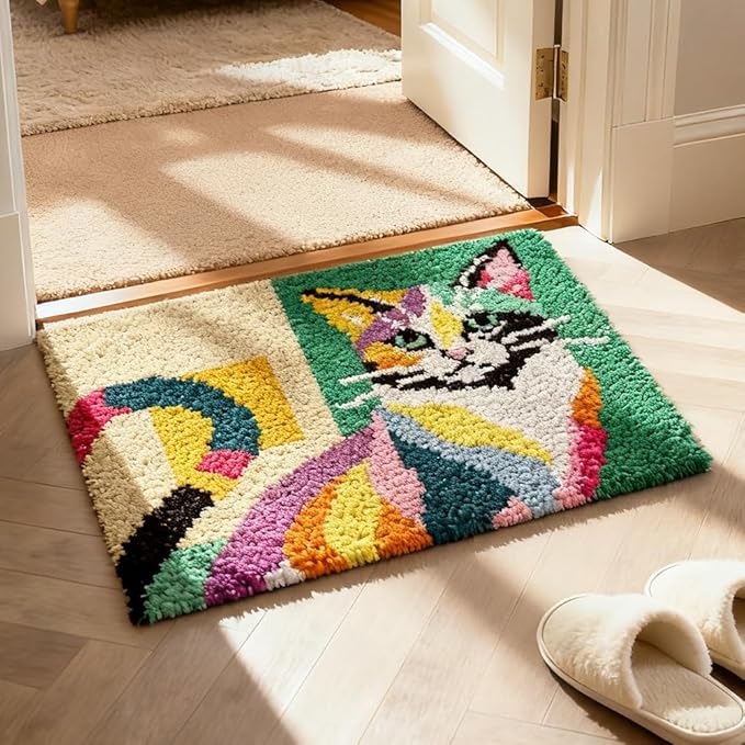 ORIGACH Colorful Abstract Cat Latch Hook Rug Kit for Adults Printed Rug Making Kit Handmade Carpet Tapestry Cover with Hook Latch and Preprinted Canvas, Home Arts Crafts Sofa Decor, 20.5x15inch