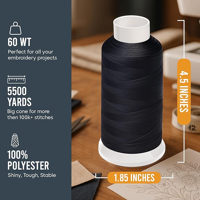 X-Large Cones Embroidery Bobbin Thread Black - 60wt for Machine Embroidery and Sewing Machines LintFree - 5500 Yards Each
