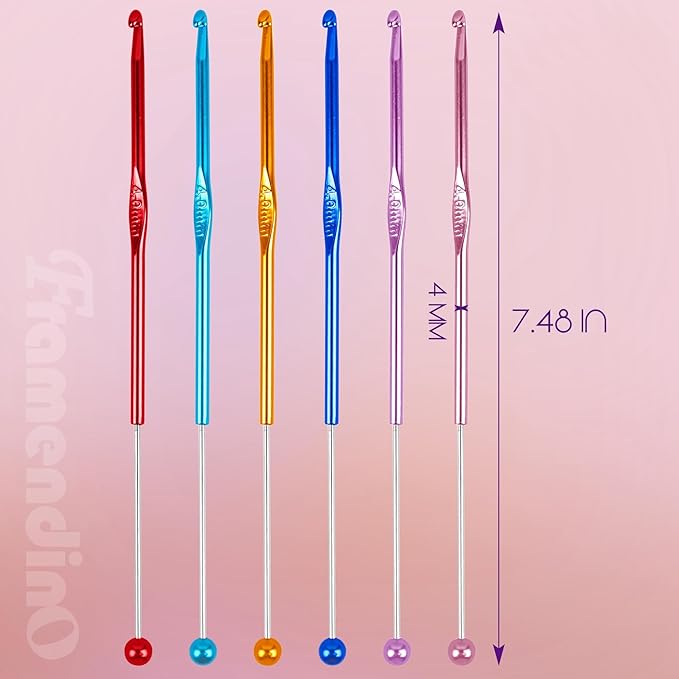 Framendino, 6 Pack Beadable Crochet Hooks 4 mm Aluminum Set for Knitting Scarf Hat Colors