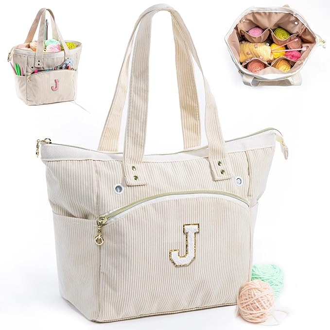 Initial Personalized Corduroy Yarn Bag Tote - Yarn Holder & Crochet Organizer for Hooks, Accessories & Projects