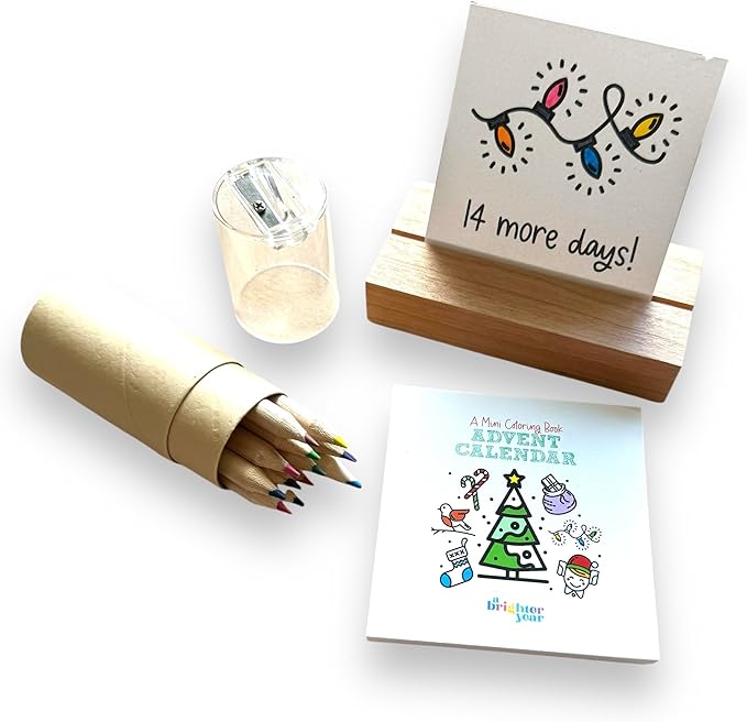 A Brighter Year The Original Adult Mini Coloring Book - Advent Calendar Edition w/Wooden Display Block & Colored Pencils - 3” x 3” Pocket Size, 24 Pages, Lay Flat Binding, Thick Paper - Gift & Travel