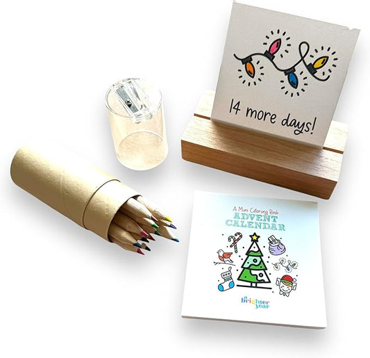 A Brighter Year The Original Adult Mini Coloring Book - Advent Calendar Edition w/Wooden Display Block & Colored Pencils - 3” x 3” Pocket Size, 24 Pages, Lay Flat Binding, Thick Paper - Gift & Travel