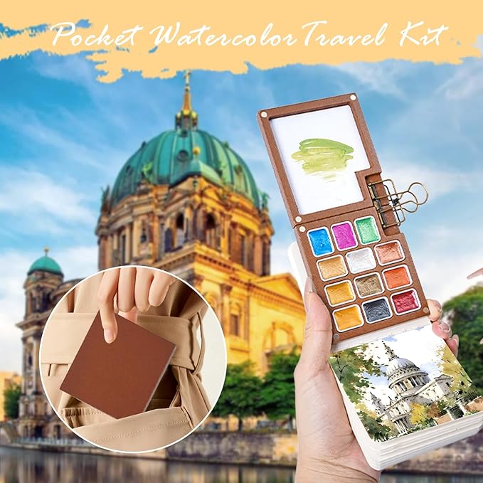 Mini Watercolor Travel Set – 24-Color Watercolor Paint Kit with 12 Special & 12 Standard Pigments, 12-Well Removable Wooden Palette, 5 Brushes & 2 Sketchbooks – Portable Art Kit for Beginners, Students & Artists