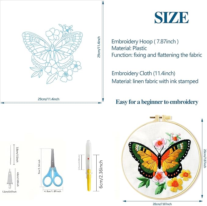 Zhenqing Butterfly Embroidery Kit 11.4x11.4 Inch - Complete Embroidery Set with Fabric, Threads, Needles & Hoop - Beginner-Friendly DIY Craft Kit for Adults (C0040)