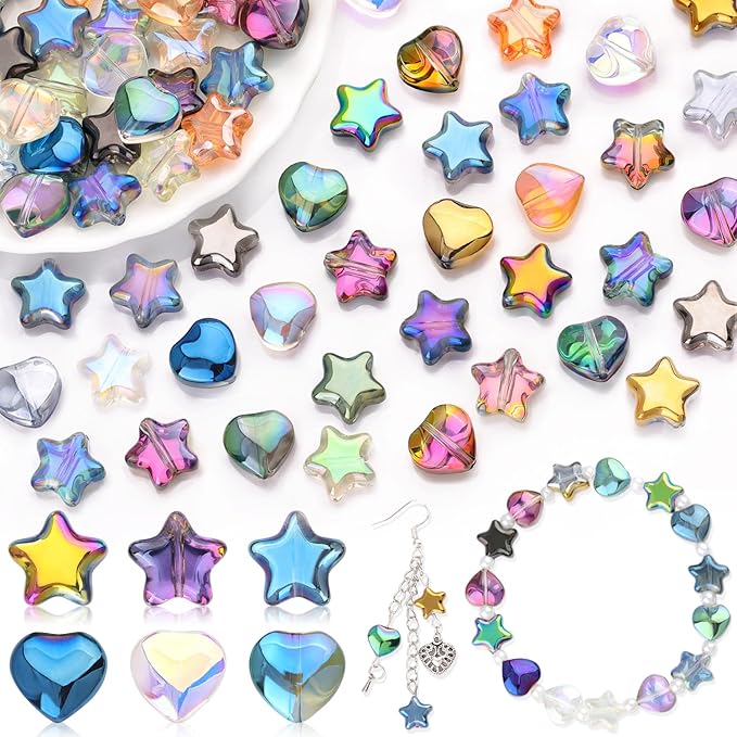 200PCS 10MM Glass Star Beads Bedazzling Irisedent Glass Beads,Crystal Star Beads Heart Beads,Eletroplated Mixed Colors Cute Bead for Necklace Bracelet Jewelry Making, Spacer Bead for Crafting & DIY