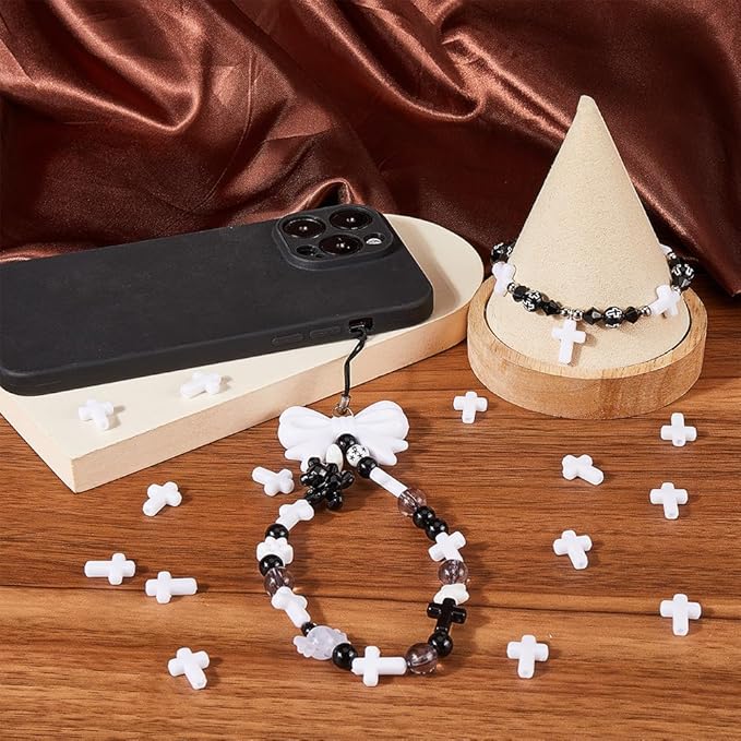 SUNNYCLUE 300Pcs Cross Bead Bulk White Cross Beads Easter Charms Small Chunky Crosses Opaque Acrylic Crucifix Mini Spacer Loose Bead for Jewelry Making Beads Assortments DIY Necklace Bracelet Earrings