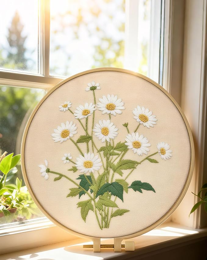 ERKOON Embroidery Kit for Beginners, Flower Cross Stitch Set Include Embroidery Cloth Hoops Threads for Craft Lover Hand Stitch with Embroidery Skill Techniques (Daisy)
